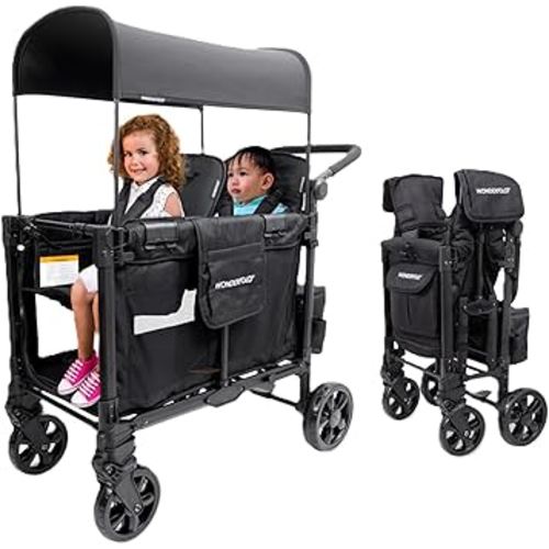 WONDERFOLD W2 Elite Pro Stroller Wagon (2 Seater) - Collapsible Wagon Stroller with Seats with 5-Point Harnesses, Adjustable Push Handle, and Adjustable Sun Canopy, Charcoal Gray