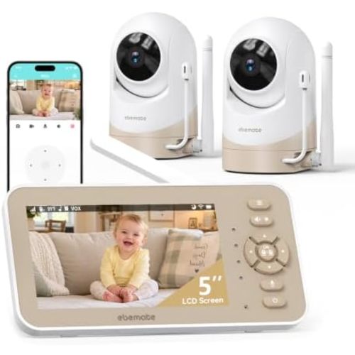 ebemate Video Baby Monitor with 2 Cameras and Audio, 5-Inch IPS Screen and Phone App, Pan Tilt 4X Zoom, 1500FT Range, 30H VOX Battery, Night Vision and Two-Way Talk