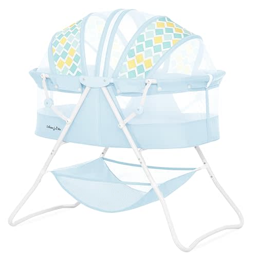 Dream On Me Karley Bassinet in Aqua, Lightweight Portable Baby Bassinet, Quick Fold and Easy to Carry, Adjustable Double Canopy, Indoor and Outdoor Bassinet with Large Storage Basket.