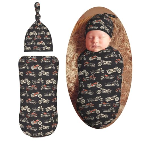 Muishi Motorcycles On Black Background Newborn Swaddle Blankets Hat Sets Soft Baby Receiving Blanket Swaddle Sack for Baby Shower Infant Boy Girl Gift