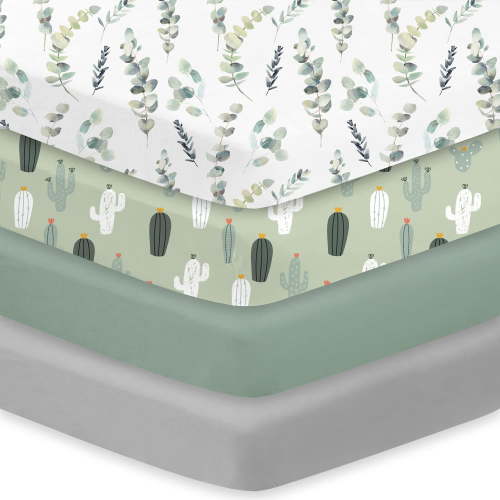 Little Grape Land 4-Pack Crib Sheets for Standard Crib & Toddler Mattresses,Super Soft & Breathable Fitted Sheets for Baby Girl & Boy，Leaves&Cactus