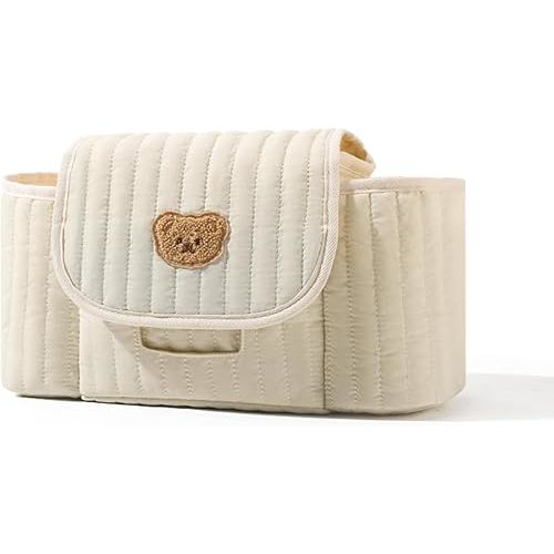 Teddy Bear Quilted Stroller Organizer Baby Diaper Holder Stroller Bag, with Bottle Holder & Storage Compartments (Beige)