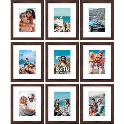 Vittanly 8x10 Picture Frames Set of 9, Shatter Resistant Plexiglass, Display 5x7 Pictures with Mat or 8x10 without Mat, Photo Frames for Wall or Tabletop, Engineered Wood, Walnut