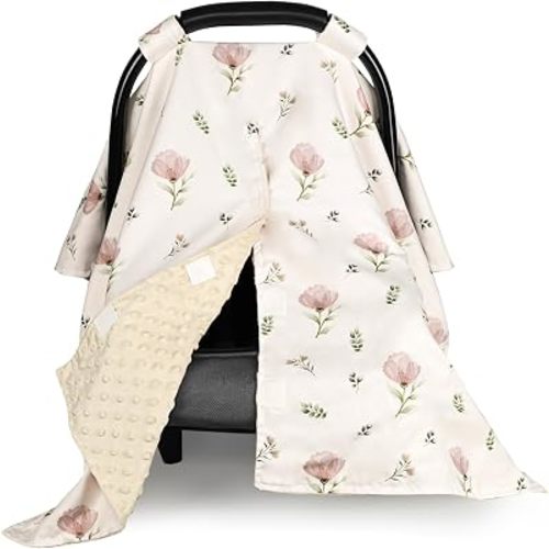 SWESEN Car Seat Cover Baby for Girls, Peekaboo Opening Baby Carseat Covers, Universal Car Seat Canopy Cover & Nursing Cover, 360° Full Coverage Sun & Wind Protector, Floral, Simple Floral