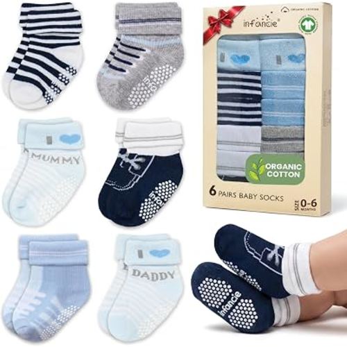 GOTS Organic Cotton Blend infant 6 Pairs socks with Grip 0-6 M Boy Non Slip | Oeko-Tex Certified, Baby Socks, 6 Pairs, Organic Cotton Socks For Boys, Newborn Baby Socks, Blue, For Baby Boys, 0-6 Month