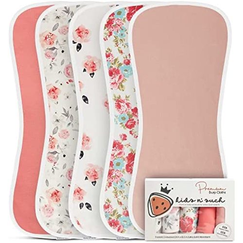 Baby Burp Cloths - 5 Pack, Extra Large & Soft, 3 Layer, Ultra Absorbent Cotton Burp Rags for Baby Girls - Burp Clothes for Baby Girl Burp Clothes, Newborn Towel, Baby Bibs & Burp Cloths Sets