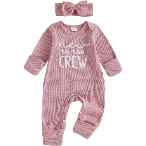 FIOMVA Im New Here Newborn Outfit Girl Long Sleeve Letter Romper Ribbed Knit Jumpsuit Baby Girl Preemie Coming Home Outfit