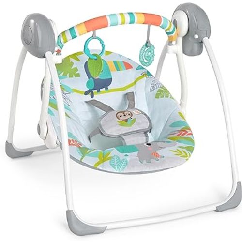 Bright Starts Portable Automatic 6-Speed Baby Swing with Removable -Toy Bar, 0-9 Months 6-20 lbs (Rainforest Vibes)