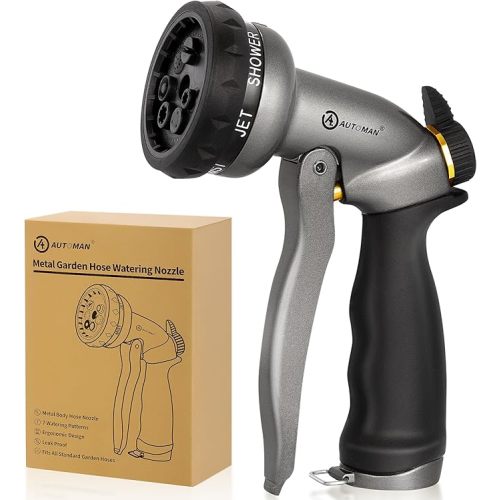 AUTOMAN Garden Hose Nozzle - 7 Patterns Sprayer, 100% Metal High Pressure Spray Nozzle, Labor-Saving Design, Heavy Duty Water Hose Nozzle for Garden Watering, Car Washing, Window Cleaning,Pets Bathing