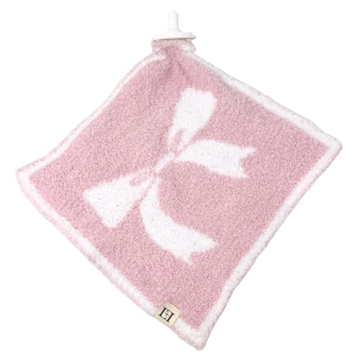 Bow Baby Lovey Pacifier/Teether Holder 10"x10" - DreamSoft Plush Fluffy Cuddly Soothie Reversible Mini Comfort Blanket - Cute Girly Newborn Gift Essential for Babies Girls (Pink/White)