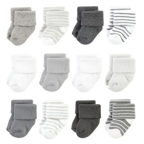 Hudson Baby Infant Boy Cotton Rich Newborn and Terry Socks, Gray Stripe 12 Pack, 0-6 Months