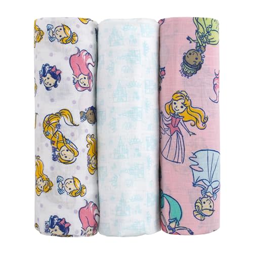 Disney Princesses Pink, Aqua, Lavender, Green, and White 3 Piece Muslin Swaddle Baby Blanket Set