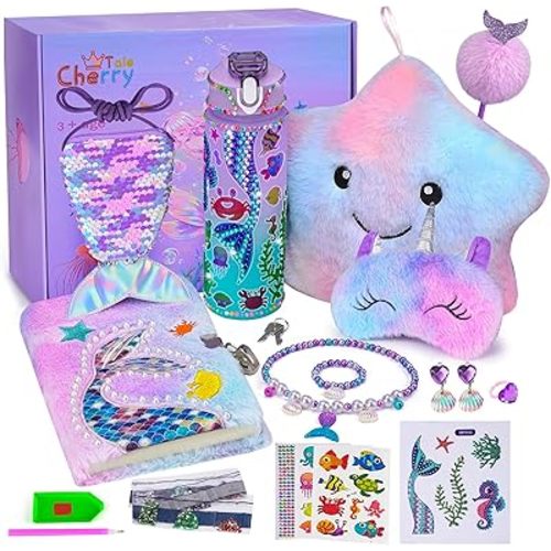Mermaid Gifts for Girls Age 4 5 6 7 8 9 10, Girls Mermaid Birthday Gifts Set with Light Up Star Pillow Diary Plush DIY Water Bottle Kits Toys