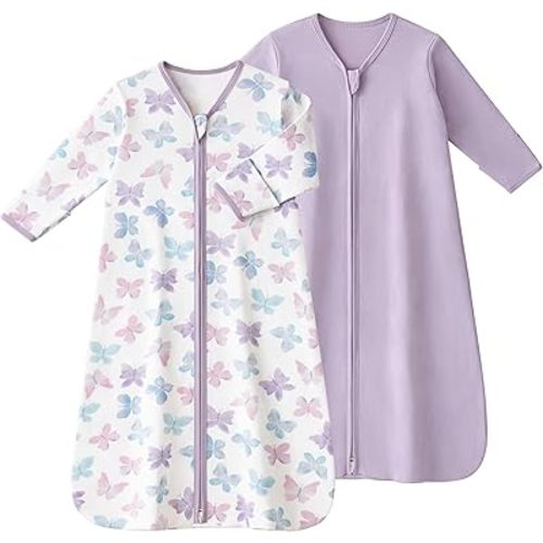 Baby Sleep Sack 0-6 Months, Long Sleeve Baby Wearable Blanket 0.5 Tog with Mittens, 2-Way Zipper Newborn Cotton Sleeping Sack for Boy and Girl Purple Butterfly 2 Pack (Small)