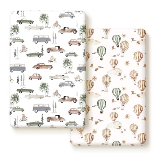 Pack n Play Sheets Fitted 2 Pack, Stretchy Ultra Soft Jersey Knit Pack and Play Sheets, Universal Fitted Portable/Mini Crib Mattresses Snug and Safe, Stylish Cars Print for Boys and Girls