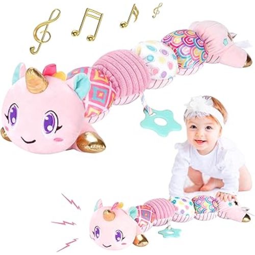 Unicorn Baby Toys 6-12 Months Infant Musical Stuffed Toys for Newborn Tummy Time Sensory toys for babies with Crinkle and Rattle 0-3-6-12 Months Old Baby Girl Must Have Christmas Birthday Gifts - Pink