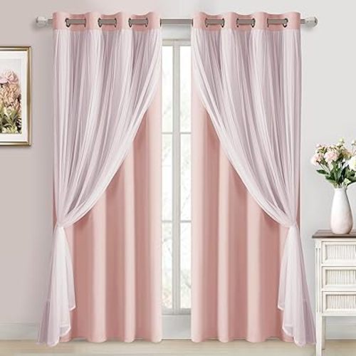 DWCN Layered Curtains Blackout and Sheer Curtains with Tiebacks Grommet Top Window Curtain Panels for Living Room, Girls Bedroom, Nursery, 52" x 84", Rose Blush, 2 Pieces