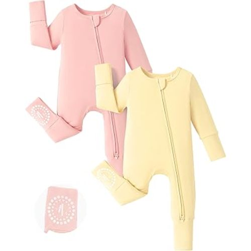 PATPAT Baby Footies Boys Girls - Bamboo Viscose - Zipper & Non-Slip Soles Romper Mitten - Footed & Footless Infant Clothes