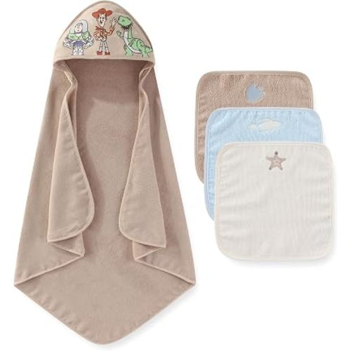 Disney Baby Boys Toy Story Hooded Bath Towel with 3 Washcloths Set Infants