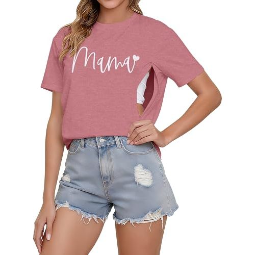 Breastfeeding Shirts for Women Zipper Nursing Tees Tops Letter Print Maternity Shirts Causal Nursing Graphic T-Shirt