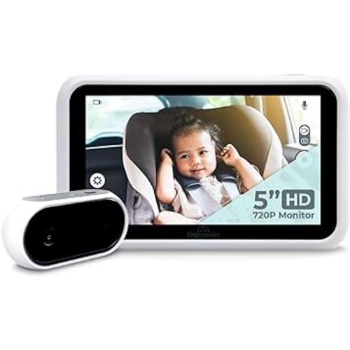 Tiny Traveler 5” HD Touch Screen Baby Car Monitor – Hackproof, No WiFi Baby Camera for Travel Home – Rear-Facing Car Seat Monitor with Night Vision Headrest or Clamp Mount Baby Reminder Alert White