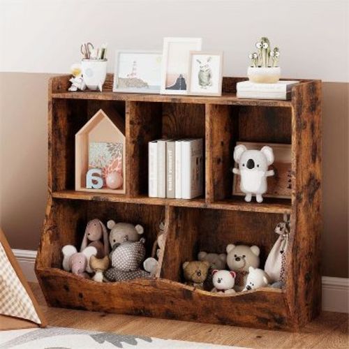 Kids Toy Storage Organizer with 5-Section Cubby Bookshelf, Wooden Cabinet for Playroom & Nursery