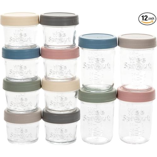 WeeSprout Glass Baby Food Storage Jars w/ Lids (4/8 oz, 12 Pack Set) Snack, Reusable Small Containers, Breast Milk, Fridge, Freezer, Microwave & Dishwasher Safe, Essential Must Have for Infants