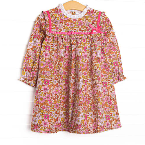 Retro Blossoms Ruffle Bib Long Sleeve Dress, Brown – Stitchy Fish