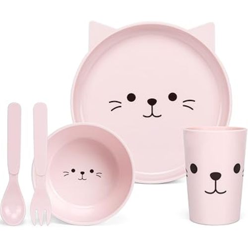 PHEENOWL Dinnerware Set for Kids - 5-Piece Kitten-Themed Includes Plate, Bowl, Cup & Utensils | BPA-Free, Microwave & Dishwasher Safe | Ideal Gift for Girls (Pink - Kitten)