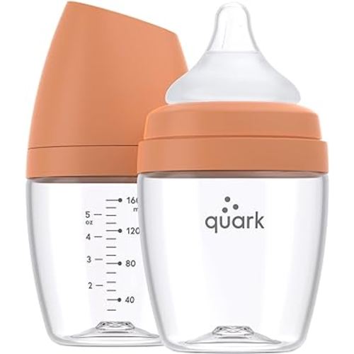 BuubiBottle Mini Slow Flow Bottle for Newborn Babies by Quark - with Anti-Colic RealFeel Nipple to Simulate Breastfeeding - BPA-Free, PVC-Free, Toxin-Free - 5 Oz Bottle with Lid, 2 Pack - Orange