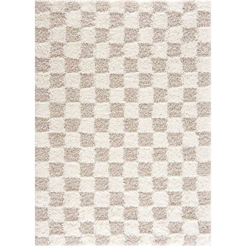 Atira Modern Checkered Shag Area Rug - High Pile Fluffy Shaggy Carpet for Kids Room, Nursery, Living Room, Bedroom - Beige, Cream, White - 5'3" x 7'3" (5x7)