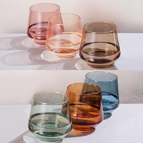 Stemless Wine Glasses Set 6【Colored Wine Glasses Stemless】 Multi Color Short Tumbler【14oz】 Colored Glassware for Wine or Soft Drinks,Unique Wine Gifts for Women Birthday Wedding