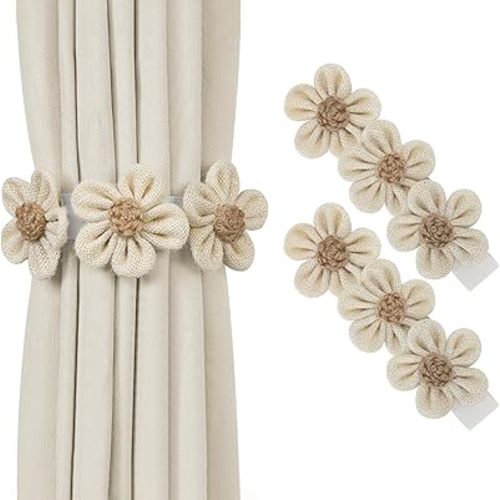KLOGTSIND Flower Curtain Tiebacks, 2 Pack Boho Curtain Ties Elegant Three Flower Curtain Holdbacks, Decorative Window Treatment Tie Backs for Cute Bedroom Decor, Girl Nursery Decor, Farmhouse Decor