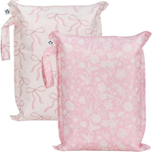 Tiny Twinkle Mess Proof Wet Bags | 2-Pack Reusable Waterproof Wet Bags for Swimsuits | Baby Clothes | Travel & Diaper Bag (Bows,Toile)