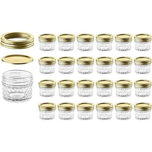 Mason Jars with Glass Lids 4 oz - Nellam Small Canning Jelly Jar Wide Mouth in Quilted Crystal for Airtight Kitchen Storage, Baby Food, Party Favors - Freezer & Microwave Safe - Set of 24, Gold