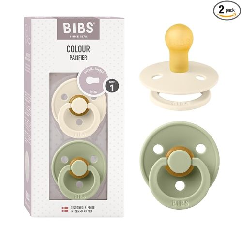 BIBS Pacifiers Colour Collection | Natural Rubber Baby Pacifier | Round Nipple | Set of 2 BPA-Free Soothers | Made in Denmark | 0+ Months (Pack of 2) | Sage/Ivory