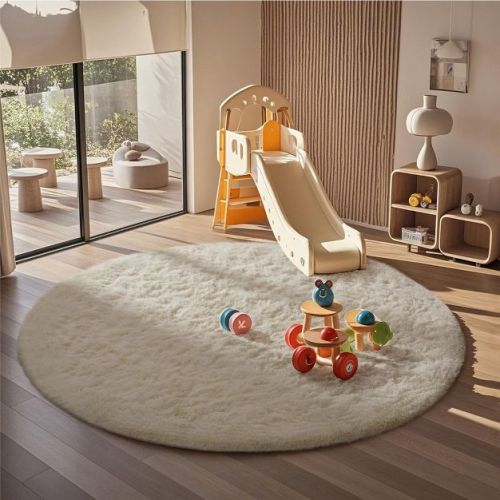 Ophanie 6ft Round Area Rug Plush Shag Circular Bedroom Nursery Rug Ivory Soft Fluffy Carpet
