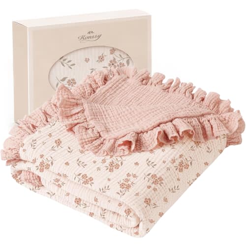 Konssy 100% Cotton Muslin Baby Blanket with Ruffle Trim for Girls, 43"x39" | Reversible Design, Ultra Soft & Lightweight, for Swaddling, Crib, Stroller & Nursery Use, from Newborn to Toddler (Blossom)