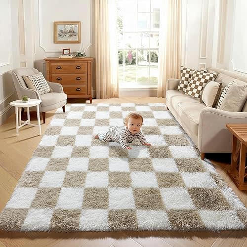 KICMOR 5x7 Beige and Cream White Area Rugs Fluffy Living Room Carpet, Large Fuzzy Checkered Shag Rug for Bedroom Aesthetic, Soft Plush Shaggy Rug for Kids Girls Boys Nursery Room Playroom Home Decor
