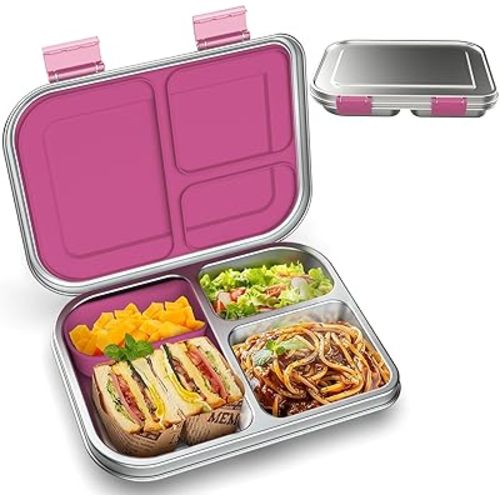 BOSEDSANG Stainless Steel Kids Leak-Resistant Bento Lunch Box, 3-Compartments with Silicone Container, Dishwasher-Safe, Child-Friendly Design for School, Picnics & Travel,BPA-Free(Pink)