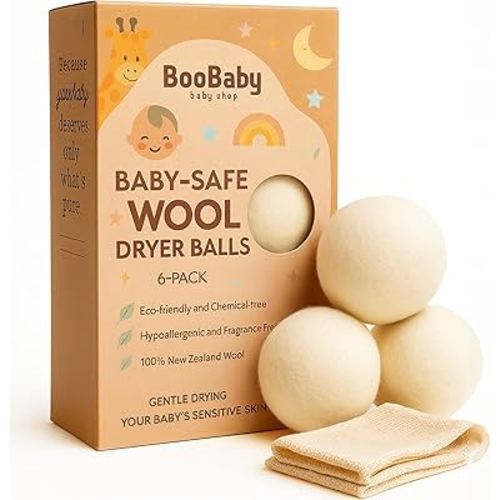 Wool Dryer Balls for Baby – XL 6-Pack with Mesh Bag – Baby Safe, Hypoallergenic, 100% New Zealand Wool – Chemical-Free Fabric Softener for Baby Clothes – White