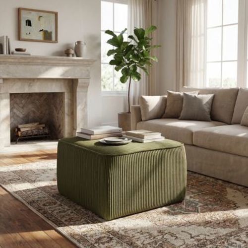 Christopher Knight Home Mald Modern Square Wooden Corduroy Upholstered Ottoman, Olive Green