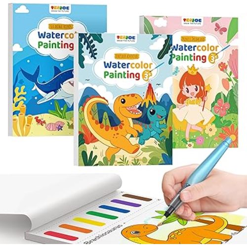 TECJOE 3 Pack Paint with Water Coloring Books for Toddlers, Watercolor Paint Set with 6 Brushes, Painting Activity for Kids Ages 4 5 6 7 8, Christmas Gift Arts & Crafts Toy, Princess, Dinosaur & Sea