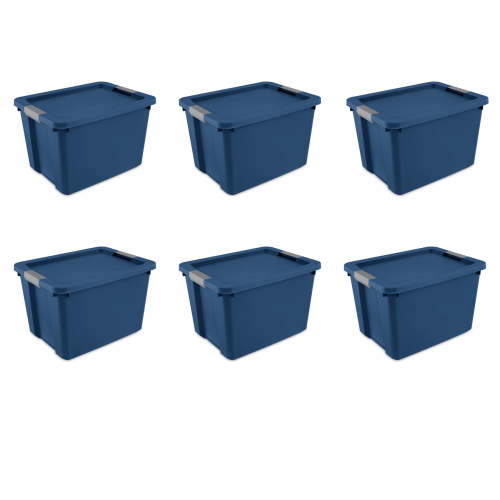 Sterilite Large Storage Bin, 20 Gallon Plastic Storage Container with Latch Lid, Blue, 6 Count