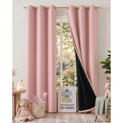 NICETOWN 100% Blackout Pink Curtains for Girls Room, W40xL84, 2 Panels | Grommet Nursery Window Treatments, Macron Thermal Insulated Drapes for Princess Room/Home Decor