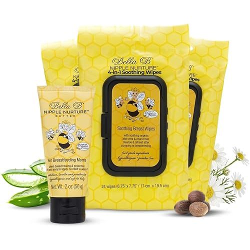 BELLA B Bundle Pregnancy Gift for Mom | 4-in-1 Soothing Wipes for Cleaning Pump Parts, Pacifiers & Baby Care | Nipple Nurture Butter to Help Prevent and Soothe Sore or Cracked Nipples | 3 Pack + 2oz