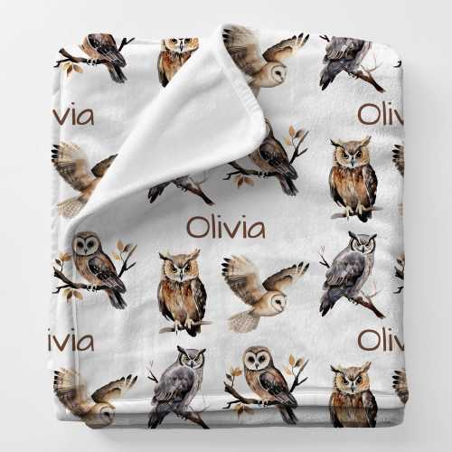 OWLS Personal Custom Name Blanket Gift For Dad, Personalized Birdwatcher Birthday Gift, Newborn Girl Babygifts, Toddler Boy Owl Birthdaygift