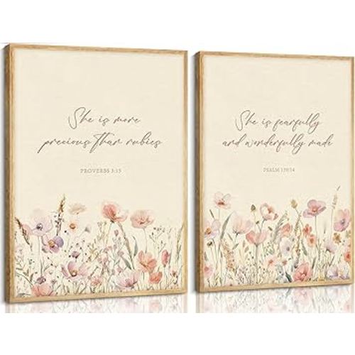 2Pcs Framed Christian Nursery Canvas Wall art Wildflower Bible Verse Painting Picture Wall Decor Boho Girl Nurseries Poster Print Artwork for Baby Room Living Room Bedroom Home Decoration(Wood Color Framed Bible, 24L" x 16W")