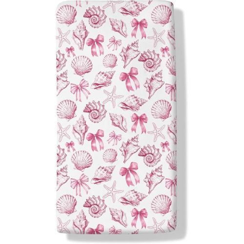 Coastal Ocean Baby Boys Girls Crib Sheets Pink Blue Bows Seashells Starfish Conch Toddler Bedding Bed Sheets Summer Beach Holiday Fitted Crib Mattress Cover for Standard Crib Mattress 28x52 in