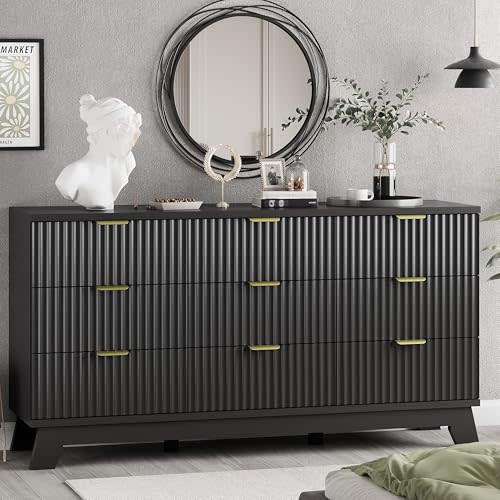 Xixini Fluted Dresser for Bedroom with 9 Drawers, 57" Wide Chest of Drawers with Metal Handle, Modern Wood Dresser TV Stand, Wooden Closet Clothes Storage Organizer for Living Room, Hallway, Black